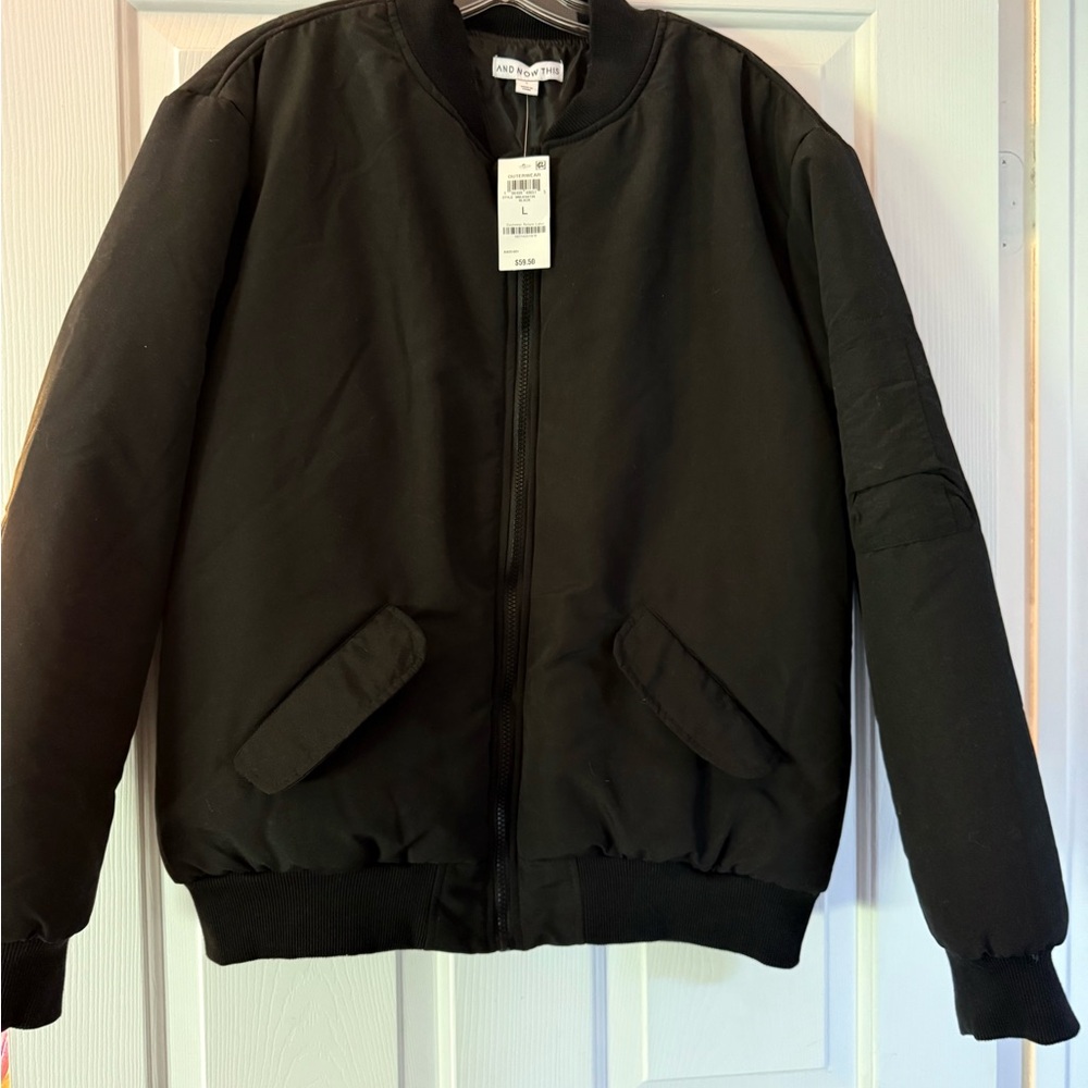“And Now This” Black Bomber Jacket L NWT